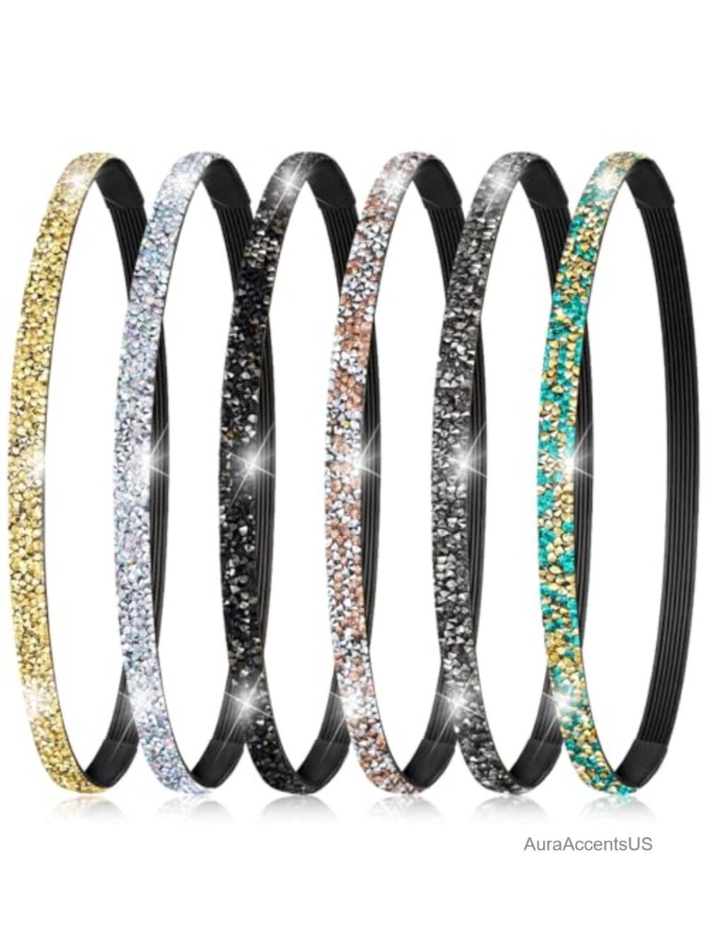6 Pc Rhinestone Headbands for Women Elastic Non Slip Sparkly Hair Accessories